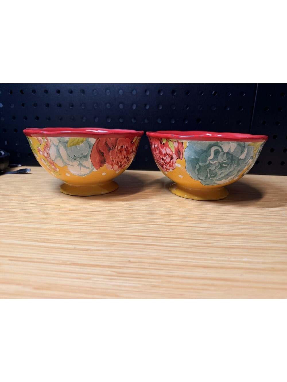 2 Pioneer Woman Stoneware Blossom Jubilee 6" Footed Bowls Cereal Soup Yellow Red